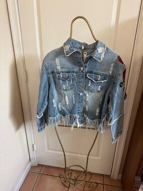 Embroidered Flower Distressed Light Blue Denim Jacket with Fringe